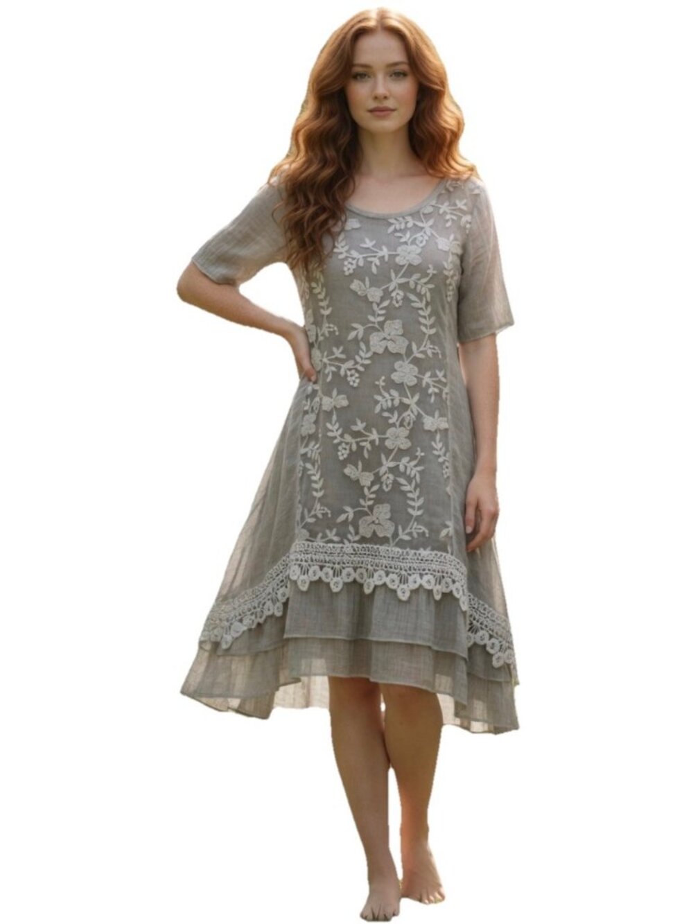 Simply Couture Gray Embroidered Lace Mesh Tiered Overlay Boho Tunic Dress